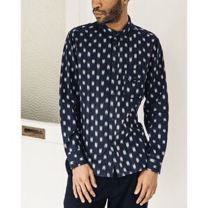 Universal Works Navy Blue White Long Sleeve Ikat Weekend Shirt Men's Size Small